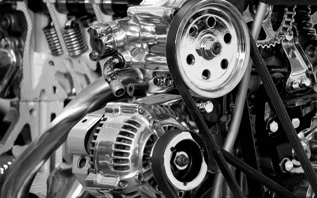 Close-up of a high-performance metal engine assembly featuring precision-machined components